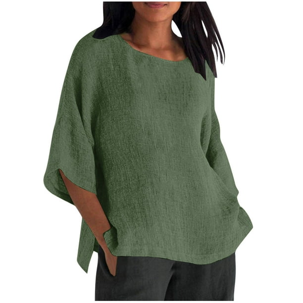 Vestidos Casuales Para Mujer, Blusas De Mujer De Moda Camiseta de lino con cuello y botones para mujer, informal, de manga larga, para el hogar