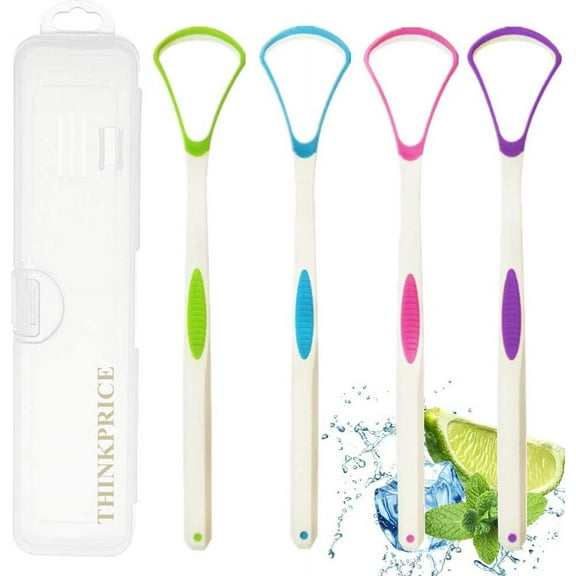 Tongue Scraper Cleaner 100% BPA Free Tongue Scrapers with Travel Handy Case for Adults, , Healthy Oral Care, Easy to Use, Help Fight Bad Breath (4 Pack)