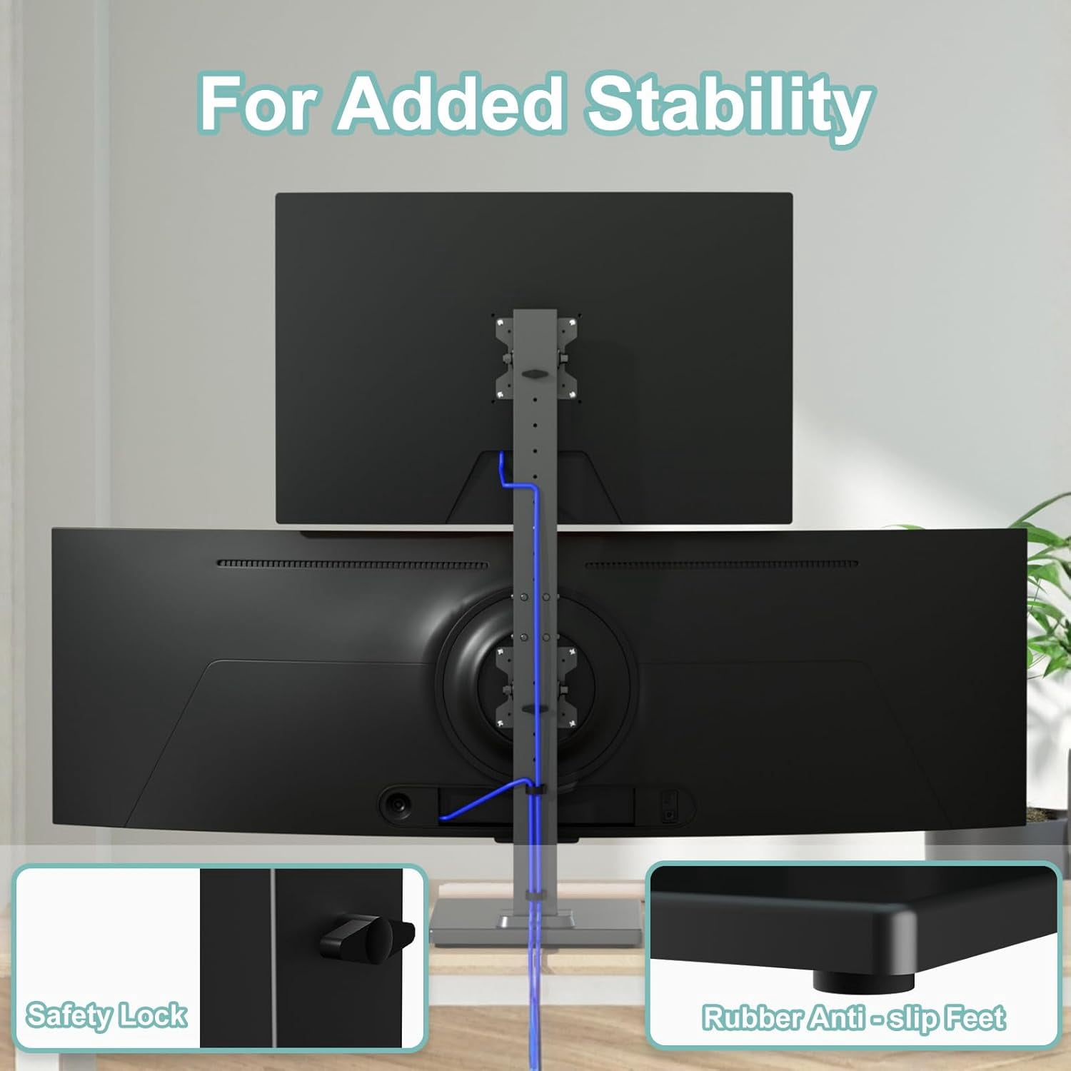 Dual Monitor Stand with Base Vertical Stack Screen -Standing Monitor Riser Fits Two Screen  36 & One Screen  43 with Swivel Tilt Height Adjustable 50 75 and 100mm Vesa Base Stand