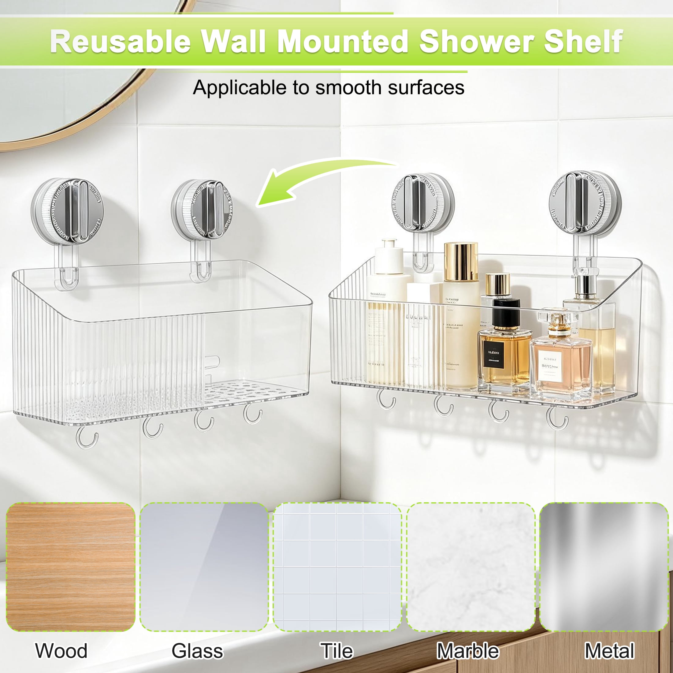 Suction Cup Shower Caddy, Clear Transparent Shower Shelf with Drainage Hole & Removable Hooks, No Drill Wall‑Mounted Bathroom Organizer for Bathroom, Kitchen, Toilet