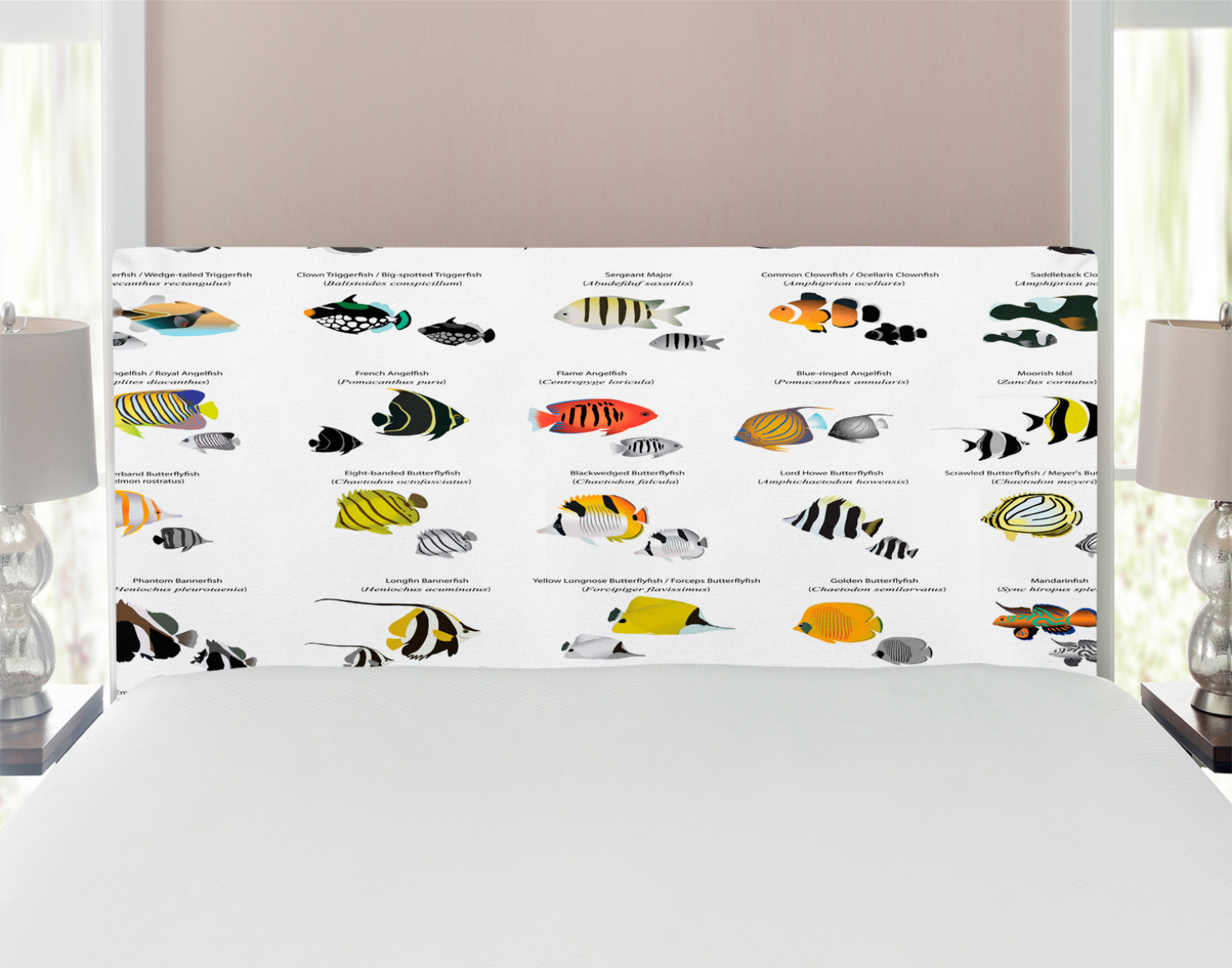Ocean Headboard, Illustration of Different Fish Species Underwater
