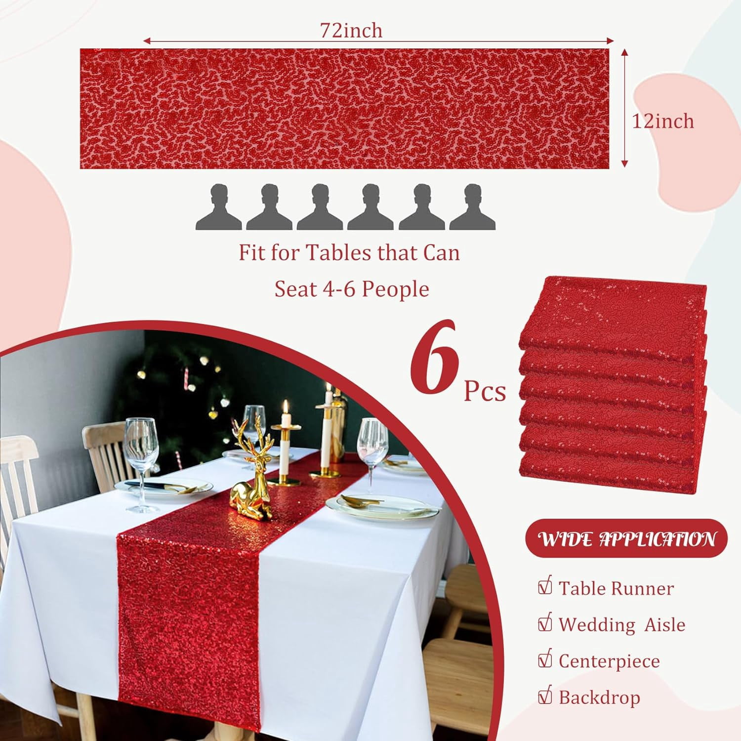 6 Pack Red Sequin Table Runners 12" x 72" Sparkle Sequin Table Cloths for Wedding Party Banquet Bridal Shower Decorations