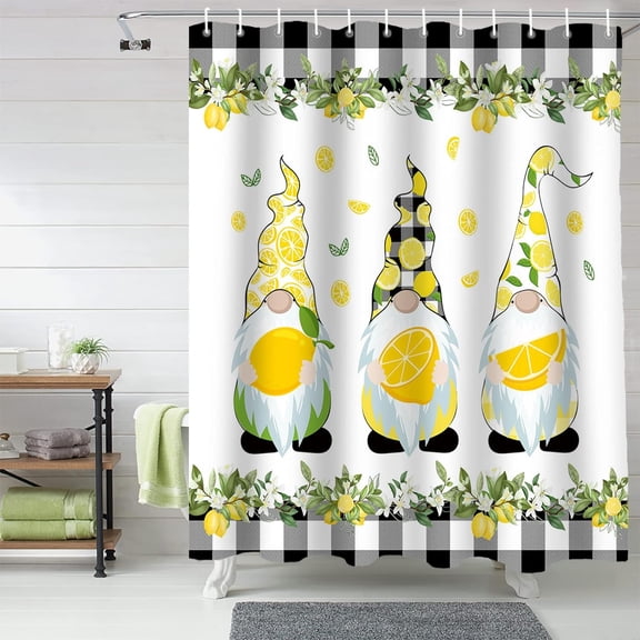 Summer Cute Lemon Gnome Shower Curtain, Black White Plaid Shower Curtain Set with Hooks, Spring Summer Waterproof Fabric Shower Curtains for Bathroom Decor, 72x72 Inch Bath Curtain