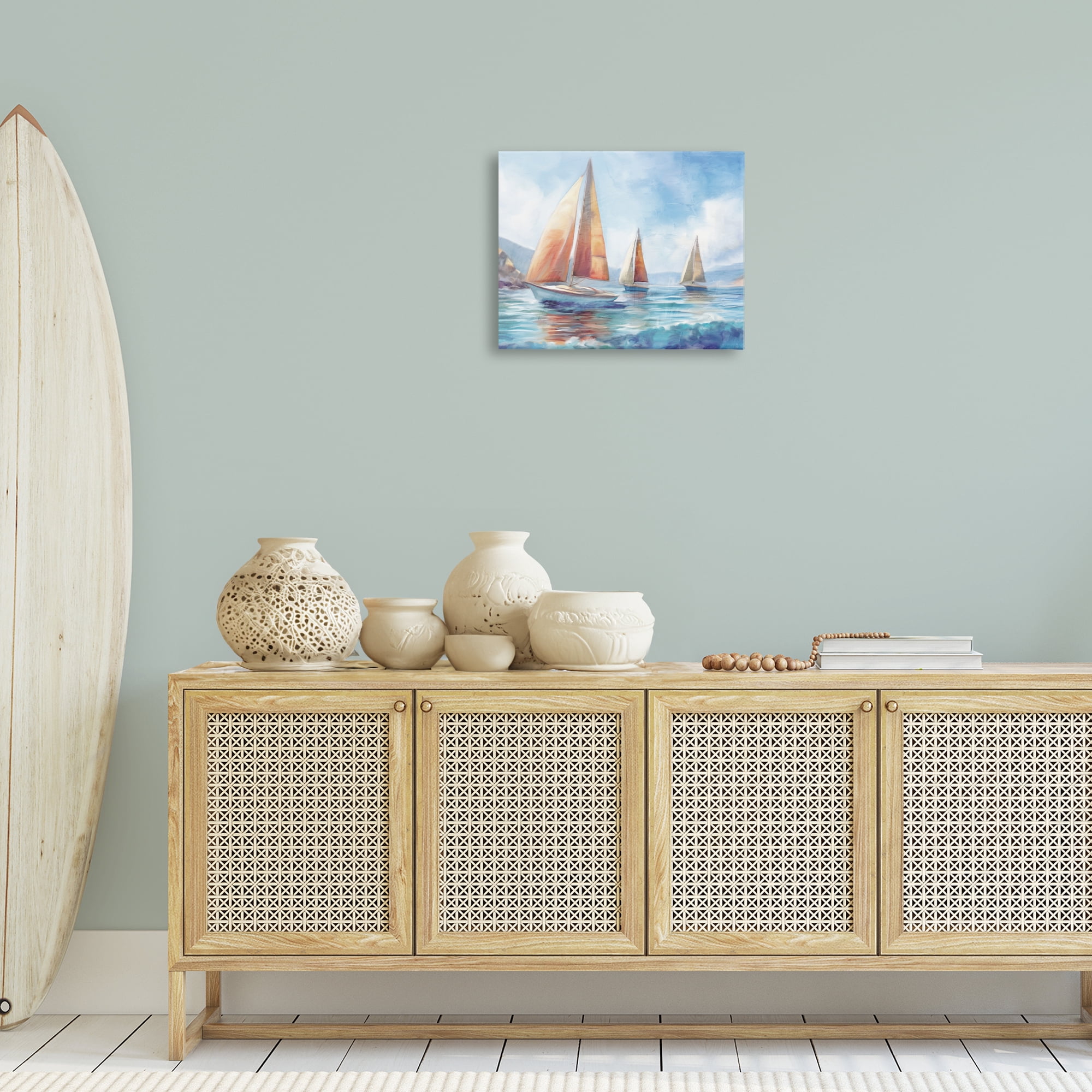 Stupell Industries Three Boats Drifting Coastal Painting Gallery Wrapped Canvas Art Print Wall Art, 20 x 16