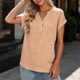 thumbnail image 6 of Women's Casual Solid Color V Neck Button Down Short Sleeve Cotton Tops Blouses Soft Lightweight Work Office Outfits | CSEONE,Khaki XL, 6 of 7