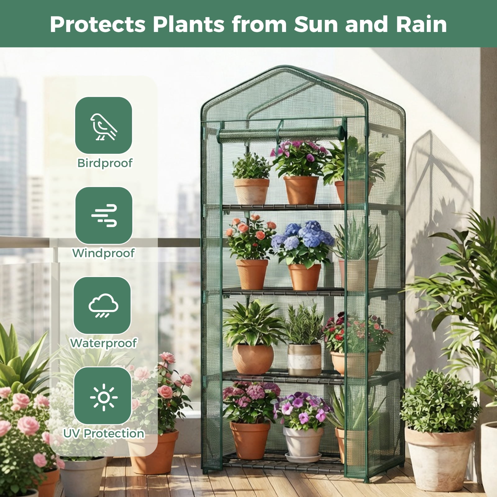 CONCETTA 4-Tier Mini & Portable Greenhouse with Rust-Resistant Steel Frame, Clear PVC Cover for Indoor or Outdoor Gardening, Green
