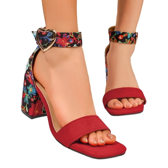Sandals for Women Open Square Toe Heels Boho Print Chunky Block Heeled Ankle Strap Pumps Casual Beach Shoes Red Size 5