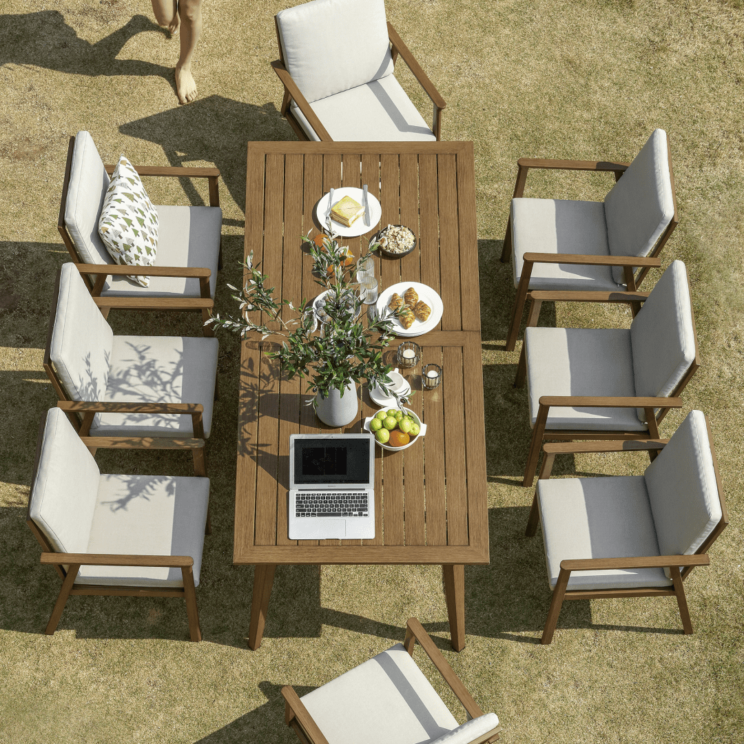 8 Person Outdoor Dining Table Aluminum Umbrella Hole All-Weather, Gray Oak