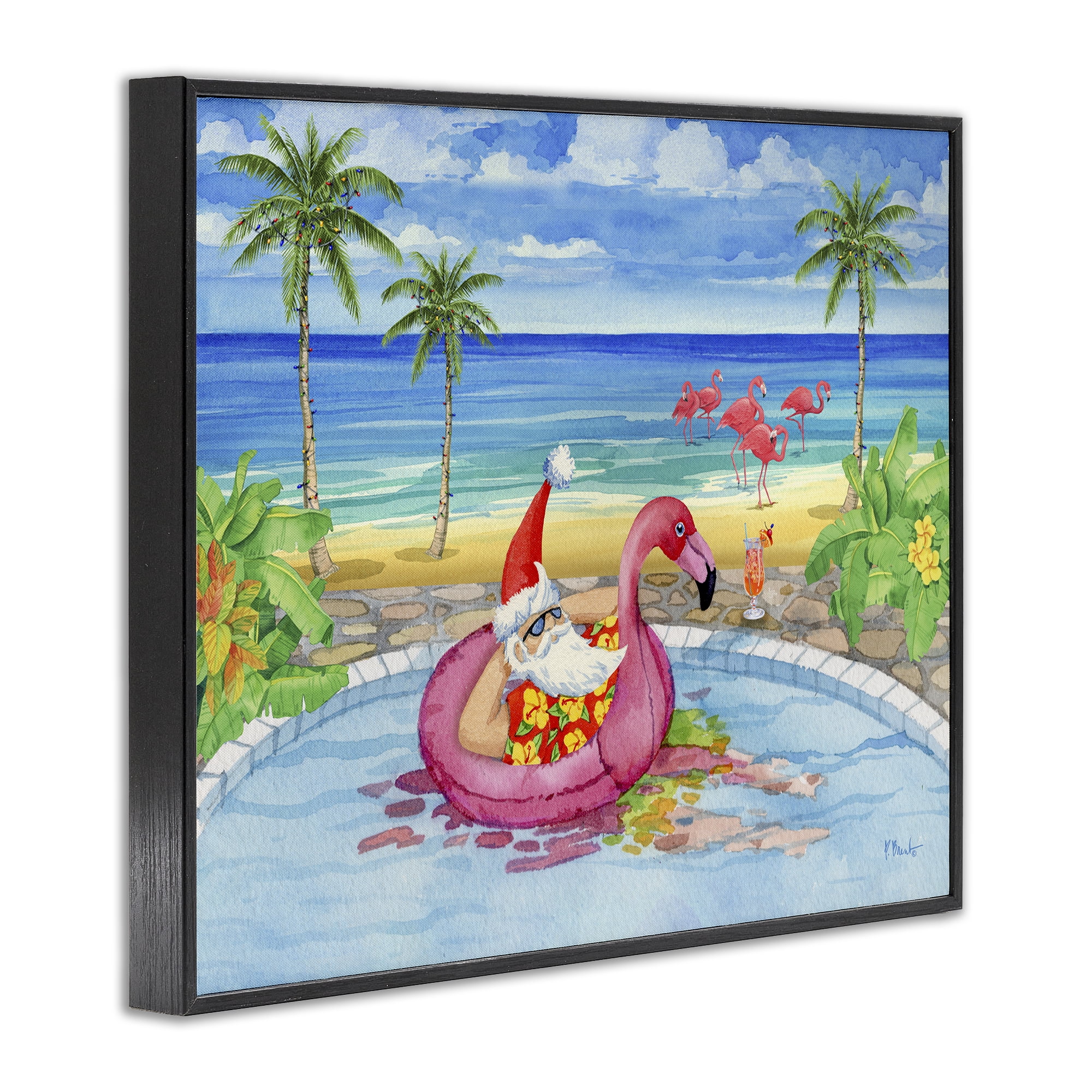 Stupell Industries Santa with Pool Float Holiday Painting Black Framed Art Prints Wall Art, 14 x 11