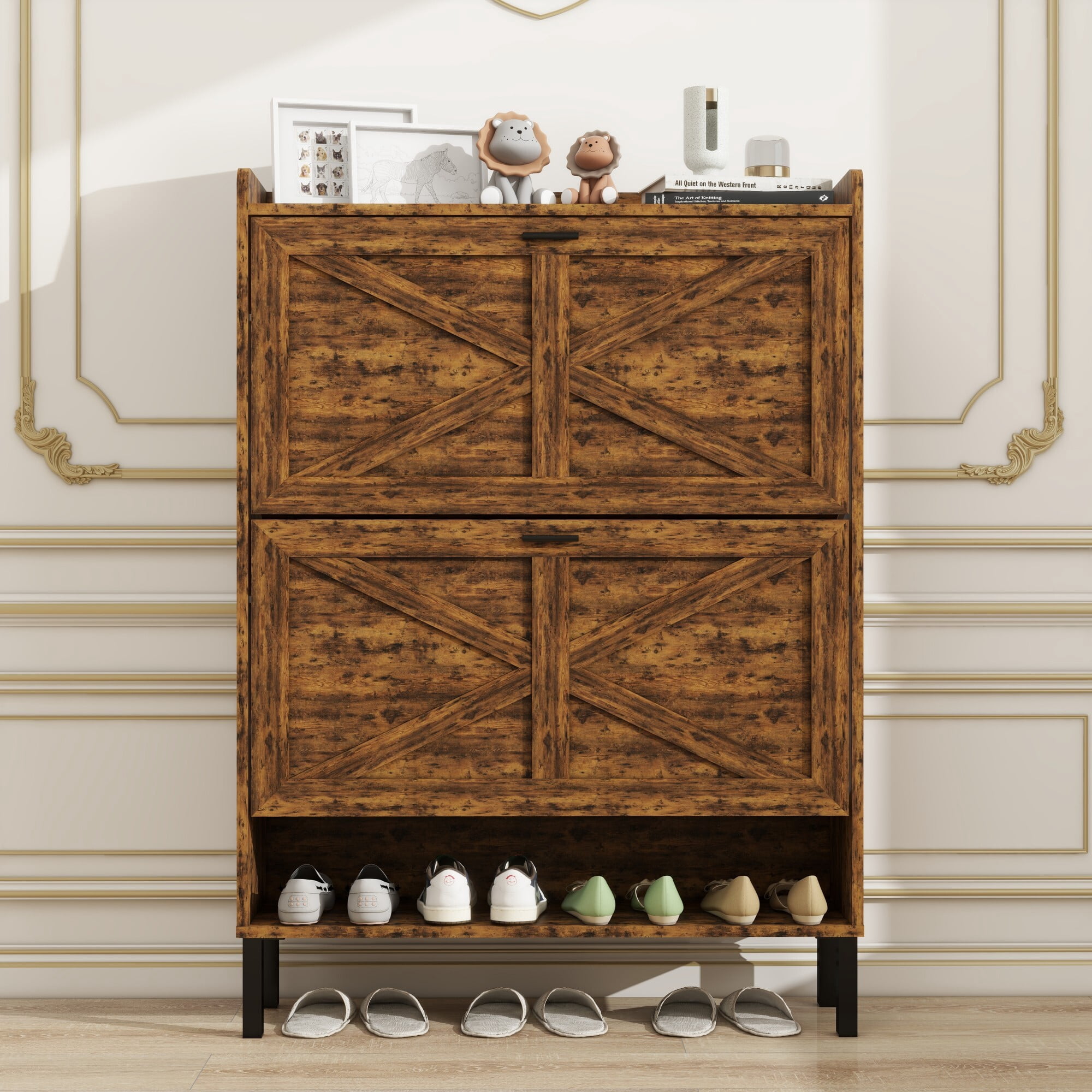 DEALTOPS Slim Flip-Drawer Shoe Cabinet – Rustic Narrow Entryway Storage for 20+ Pairs, Rustic Brown