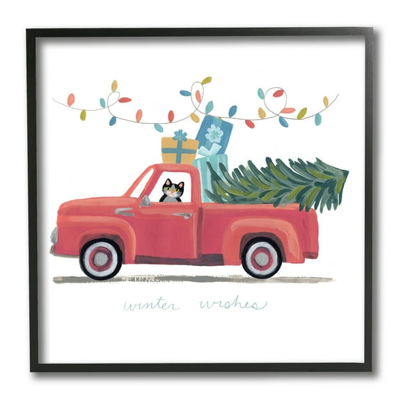 Stupell Industries Cat Christmas Red Truck Winter Wishes Phrase Transportation Painting Black Framed Art Print Wall Art, 12 x 12
