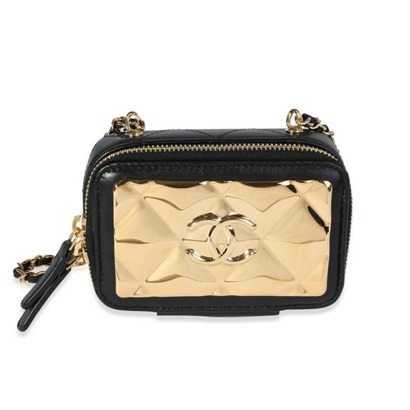 Pre-Owned Chanel Gold Quilted Metal & Black Lambskin Mini Vanity Bag