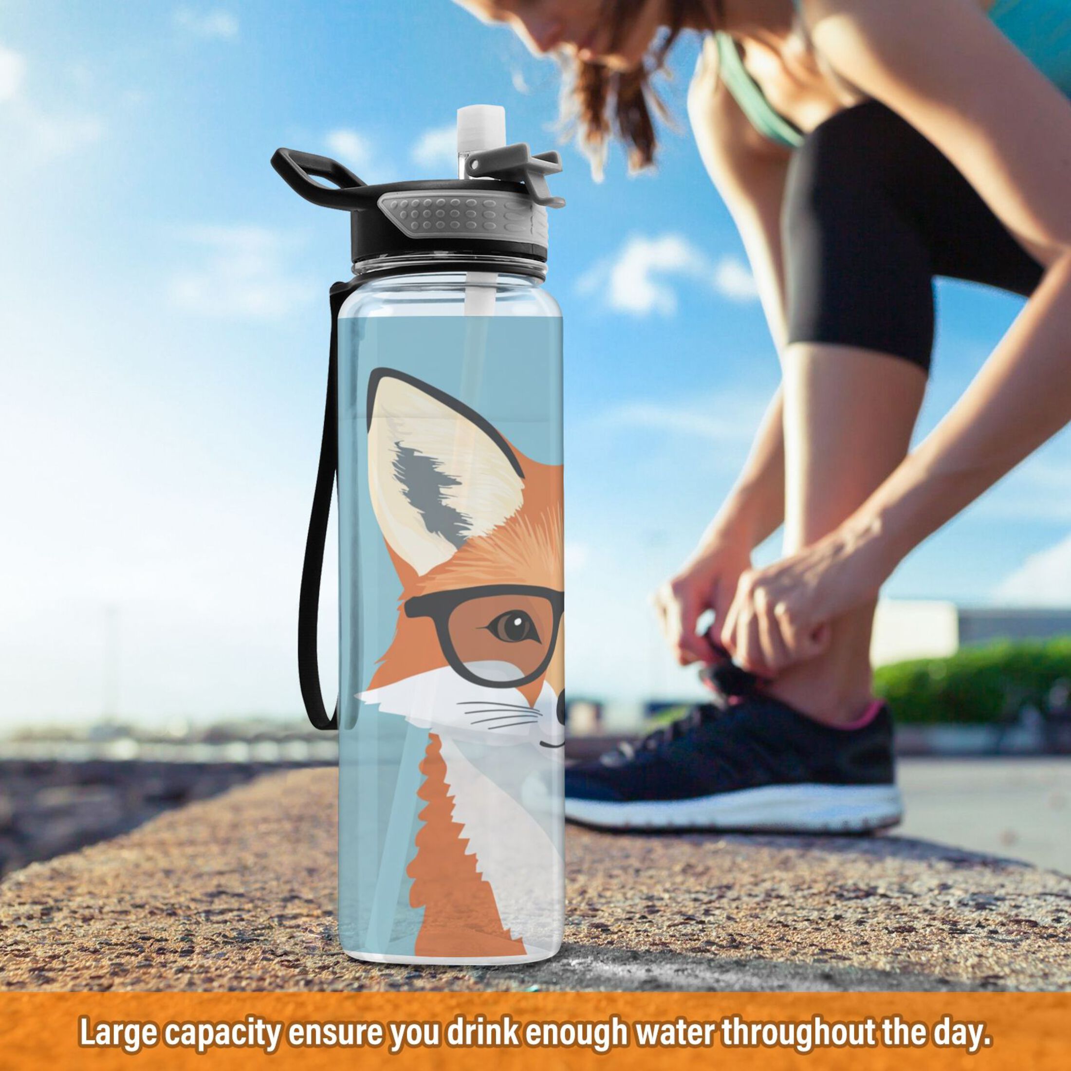 Sports Water Bottle 1000ML Tritan Food Grade Clear Water Bottle Fitness Outdoor Sports Bike Cute Fox with Glasses