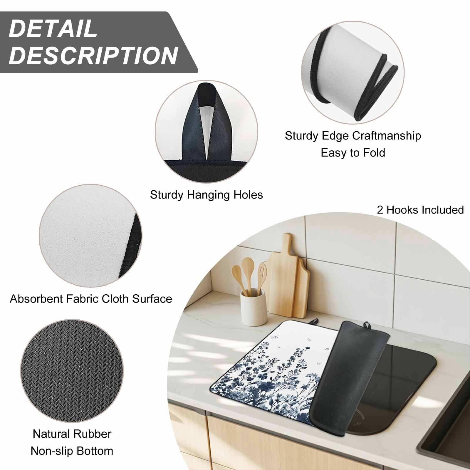 Blue Botanical Stove Top Cover for Electric Stove, Heat-proof & Non Slip Glass Top Stove Cover Protector, Dragonfly Flower Leaf Retro Ink Style Kitchen Flat Cooktop Rubber Mat 24x21 Inches
