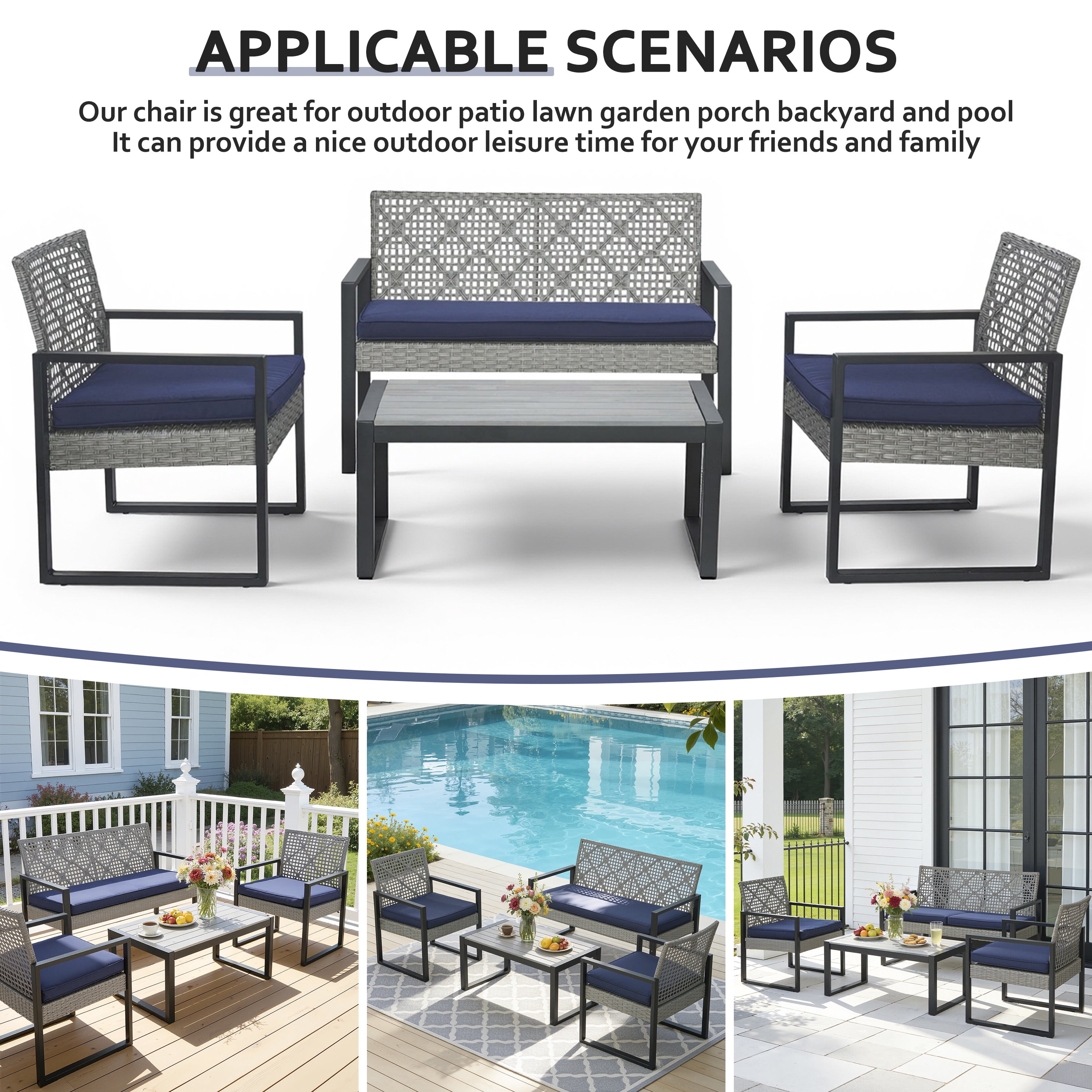 Segmart 4-Piece Outdoor Patio Furniture Set, Patio Conversation Set with Coffee Table, All-Weather PE Rattan Deep Seating Sofa Set with Cushions for Porch, Backyard, Balcony