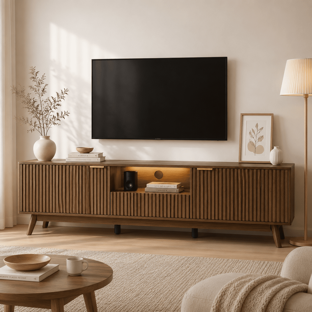 Doyolan Mid-Century Modern 70" TV Stand for TVs up to 80”, Wood TV Console with LED Light,Sliding Drawer and Storage, Curved Edge Television Stand, Entertainment Center for Living Room Bedroom,Walnut