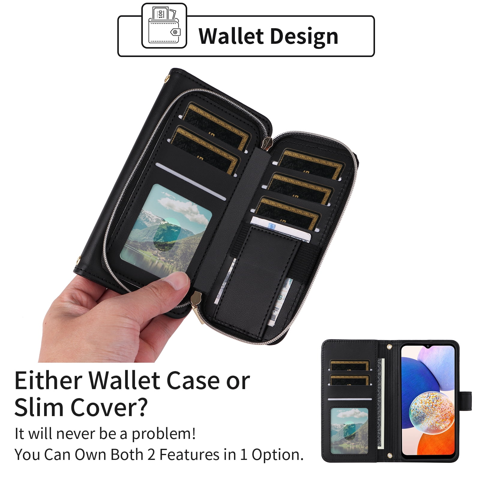 Furiet Wallet Case for Samsung Galaxy A54 5G with Wrist Strap, Crossbody Shoulder Strap, 9+ Card Slots Zipper Purse, Luxury PU Leather Stand Cell Phone Cover for A 54 54A SM A546U 2023 Women Black