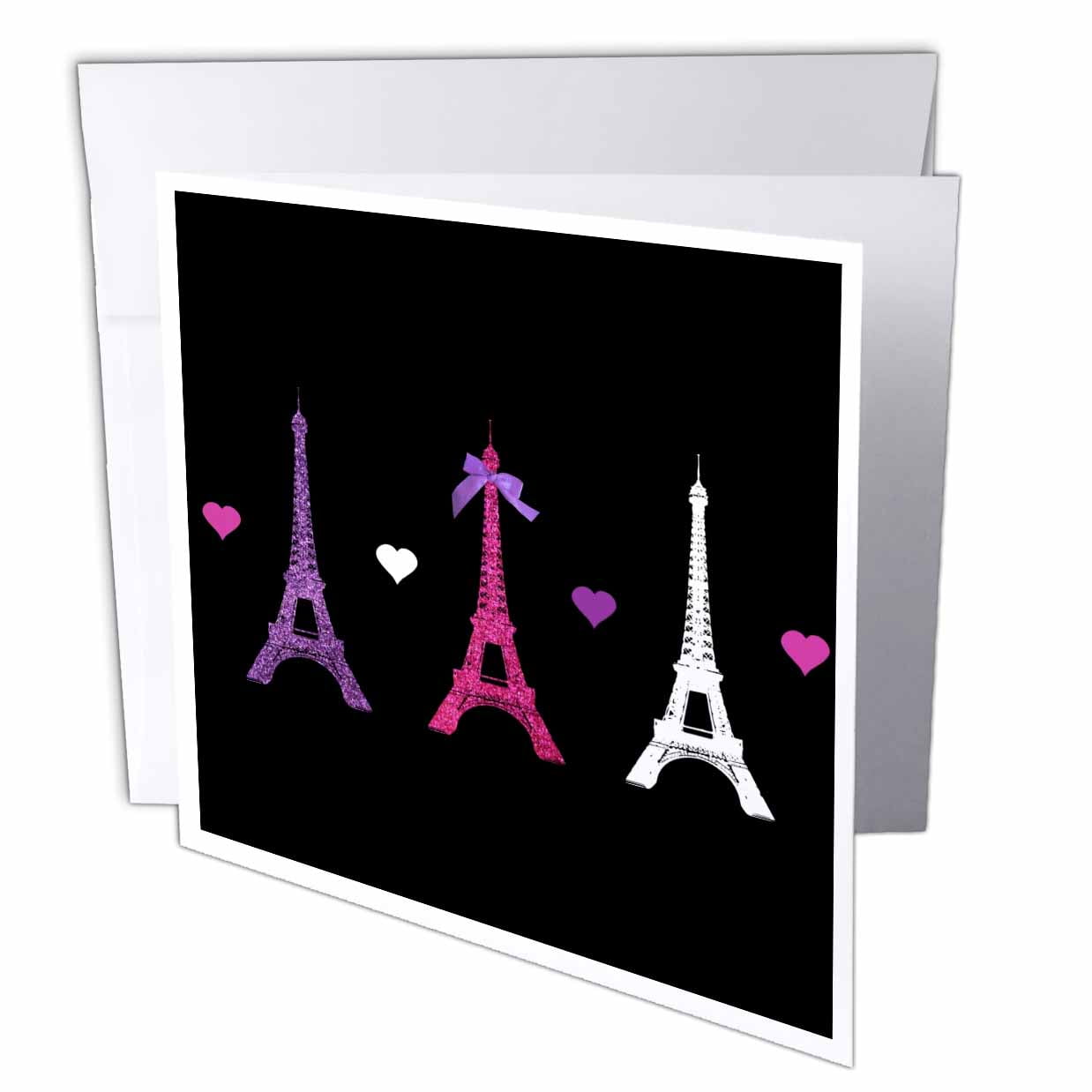 3dRose Girly Eiffel Tower - hot pink purple black Paris towers love hearts stylish French modern France - Greeting Card, 6 by 6-inch