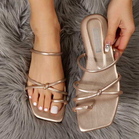

Voncos Summer Slippers for Women- Summer Fashion Slippers Solid Thimble Toe Design Flat Sandals Gold 8.5