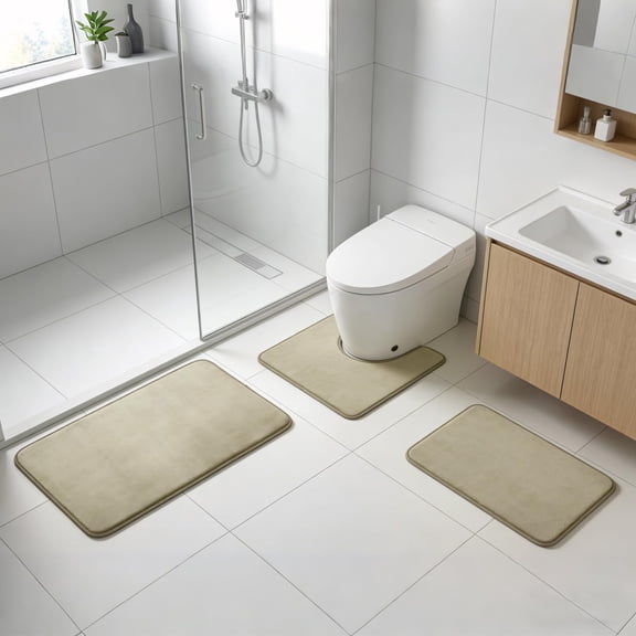 Ultra Soft Memory Foam Bathroom Rug Set, 3 Piece Non-Slip Flannel Bath Mats, Absorbent Quick Dry, U-Shaped Toilet Rug & 2 Mats, Machine Washable, Olive Green