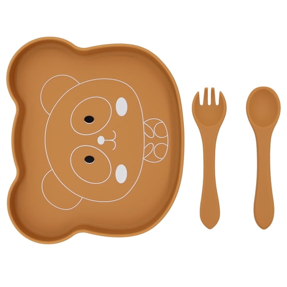 Baby Silicone Feeder Set, BabyX 3-pcs Jungle Wildlife-themed Baby Plate with Suction, Spoon and Fork for Babies Toddler Kids, BPA-Free, Baby Utensils Feeding Supplies, Microwave and Dishwasher Safe