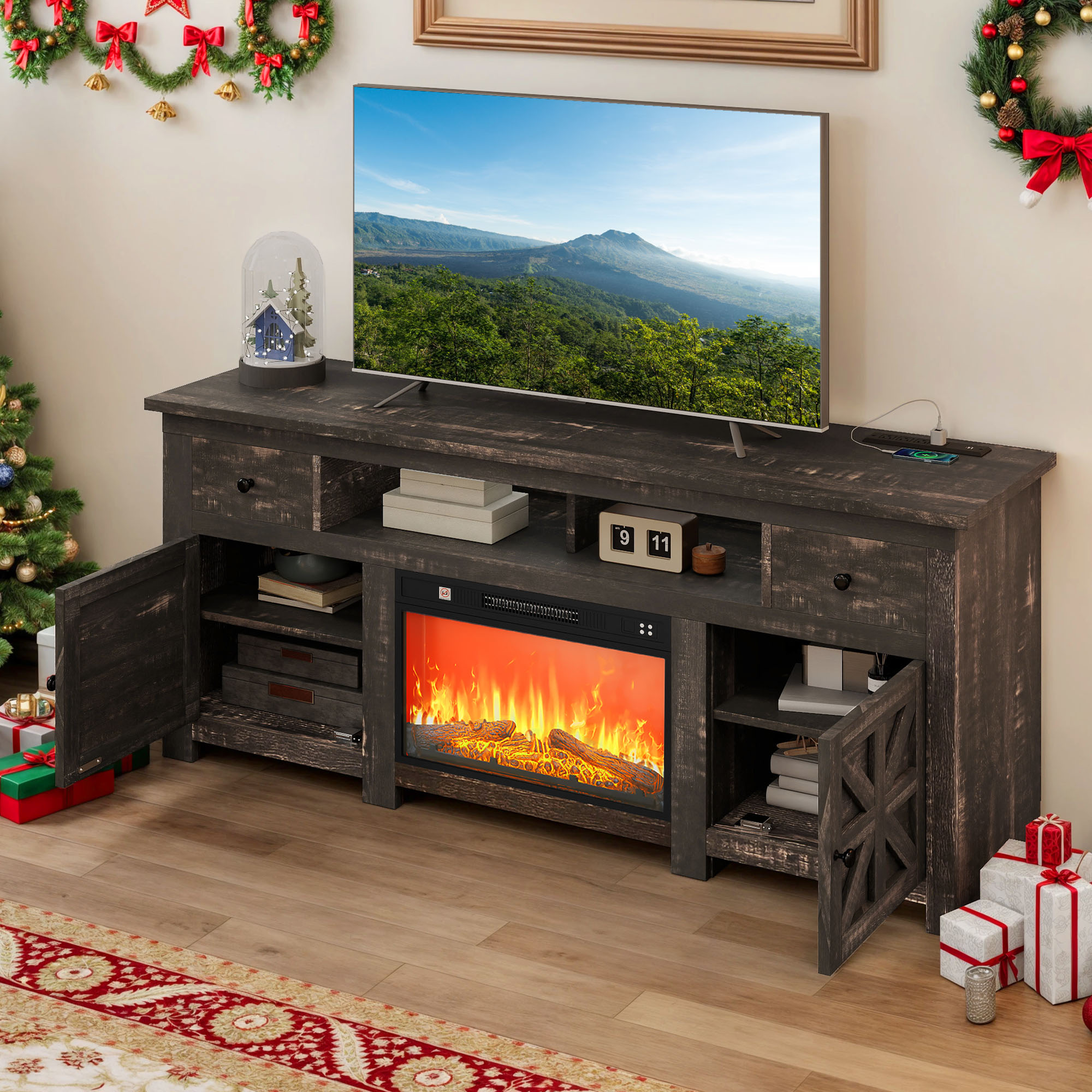 Dextrus Farmhouse LED TV Stand w/Outlets for TVs up to 70'', Wood