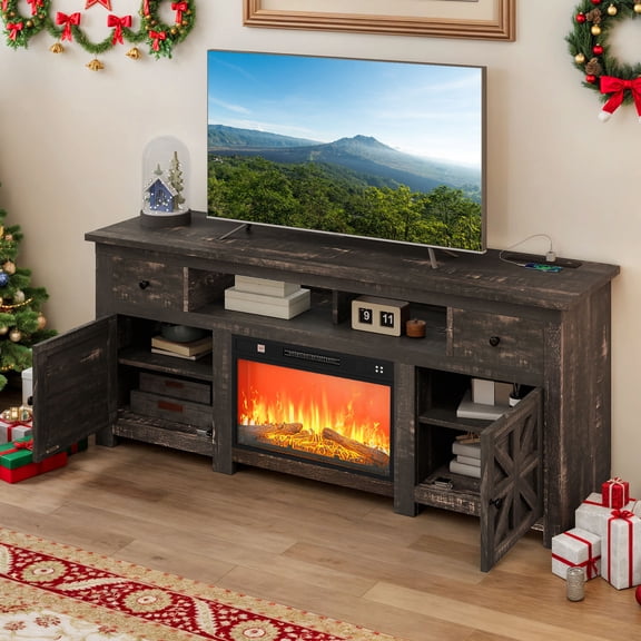 Uforic 70'' TV Stand w/ 23 Inch Electric Fireplace, Power Outlets & Storage for Up to 80 Inch TVs, Indoor, Brown