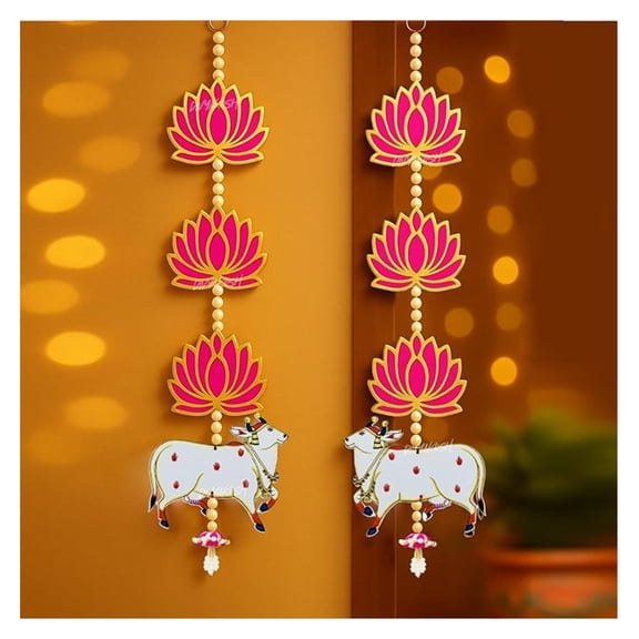 MDF Wall Decor Ganpati Diwali Toran - Cow & Jhumki Floral Hanging Pair | 25 Inch | Handmade Indian Décor for Home, Kitchen, Office
