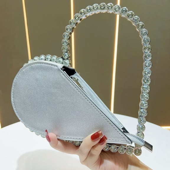 Women's Heart Shape Rhinestone Evening Clutch Purse, Sparkly Wedding Party Bag with Detachable Chain for Prom Date Night silver