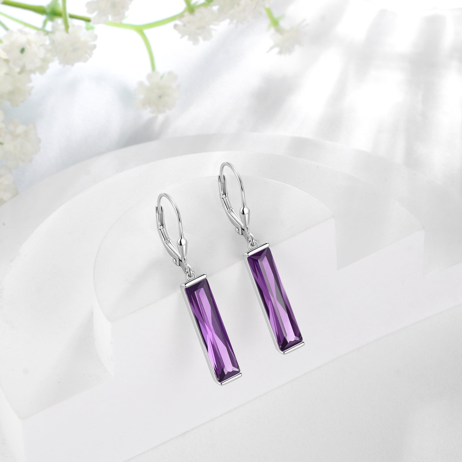 Juwaliy Leverback Dangle Earrings Sterling Silver Women Earrings February Birthstone Amethyst Purple Jewelry Christmas Valentine's Day Gift
