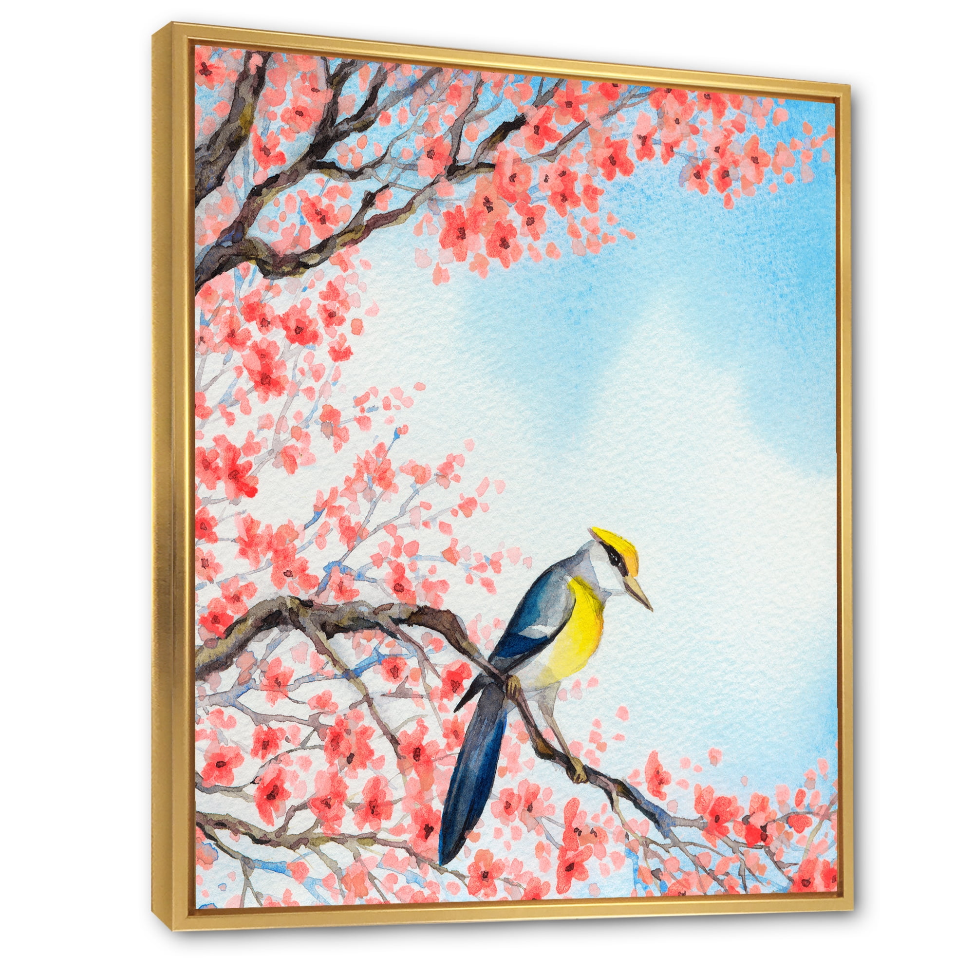 Designart 'Beautiful Red Bird Sitting On Flowering Branch I' Traditional Framed Canvas Wall Art Print