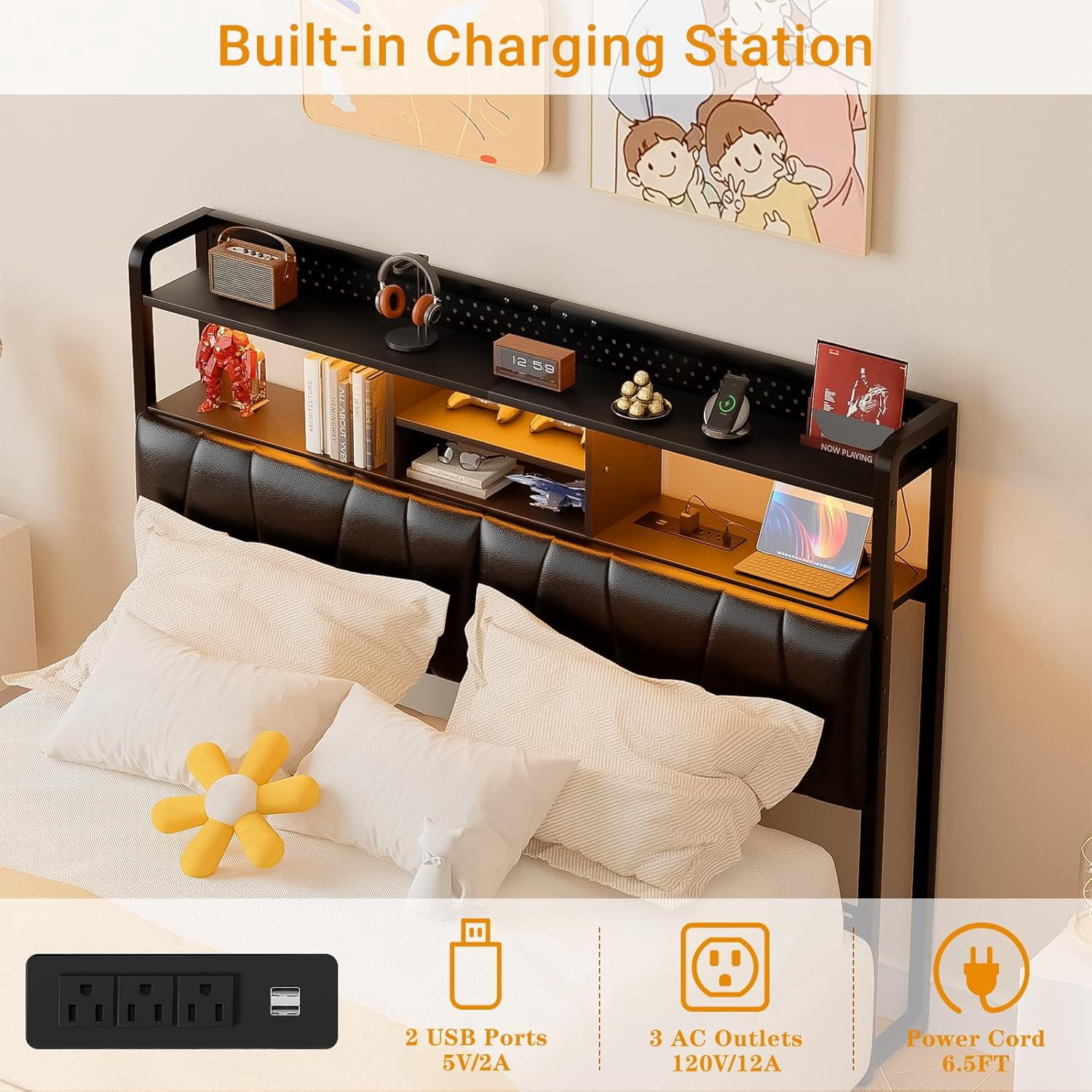 iSunirm Queen Size Upholstered Headboard with Power Outlets, USB Ports & RGB LED Light, Comfy Leather Headboards with Storage Shelf, Sturdy Queen Bed Headboard for Bedroom/Dorm Room, Black
