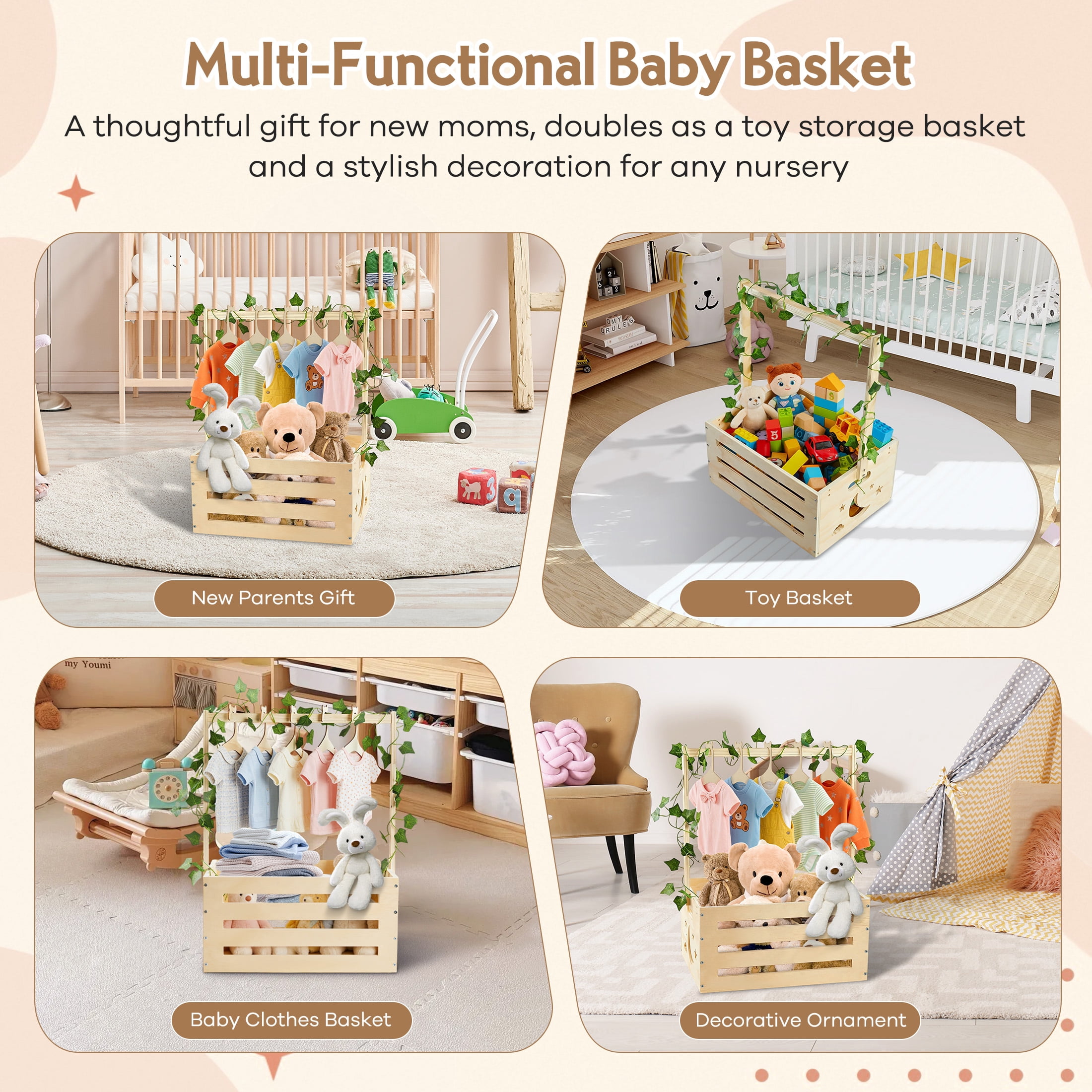 Onekawa Baby Shower Crate Closet with Handle, Basket with Hanger and Garland, Personalized Wooden Baby Box with Handle, Storage Basket for Newborn Essentials,Pregnancy Gift for New Parents