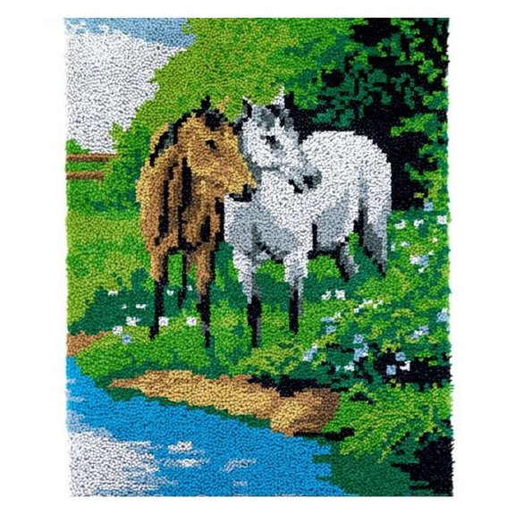 Latch Hook Rug Kits for Adults,Rug Making Latch Hooking Kit Two Horses at Lake latch hook cushion kits,Needlework Cushion Cover Hand Craft Crochet for Great Family