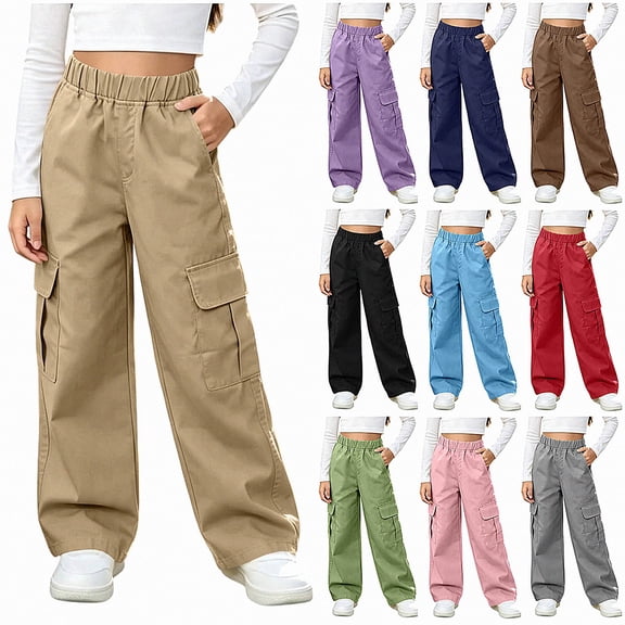 SGFCWSX Girls Cargo Pants, Wide Leg Elastic Waist Loose Fit Trousers with Pockets for Daily Street Style Khaki Size 12
