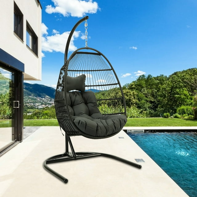 uhomepro Resin Wicker Hanging Egg Chair with Cushion and Stand, UV Resistant Outdoor Patio Hanging Egg Chair with Iron Frame, Heavy Duty Swing Chair Backyard Relax with Headrest Pillow, Q17150