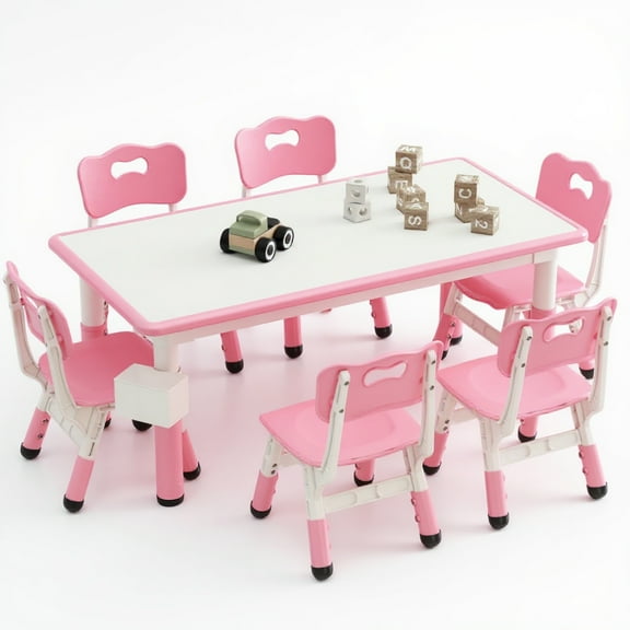 Garvee Kids Activity Table and Chair Set 7-Piece, Adjustable Height, Pink