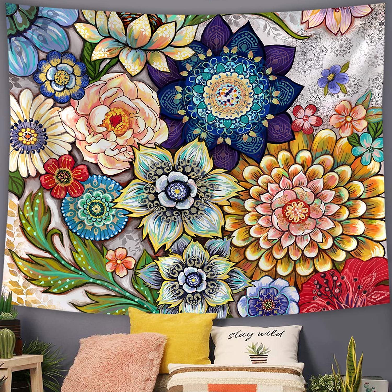 Hongchun Colorful Floral Tapestry Wall hanging Bright Boho Fabric Blossom Tapestries Multi Color Tapestry for Bedroom Home Hippie Wall Decor 50 60 inch Walmart