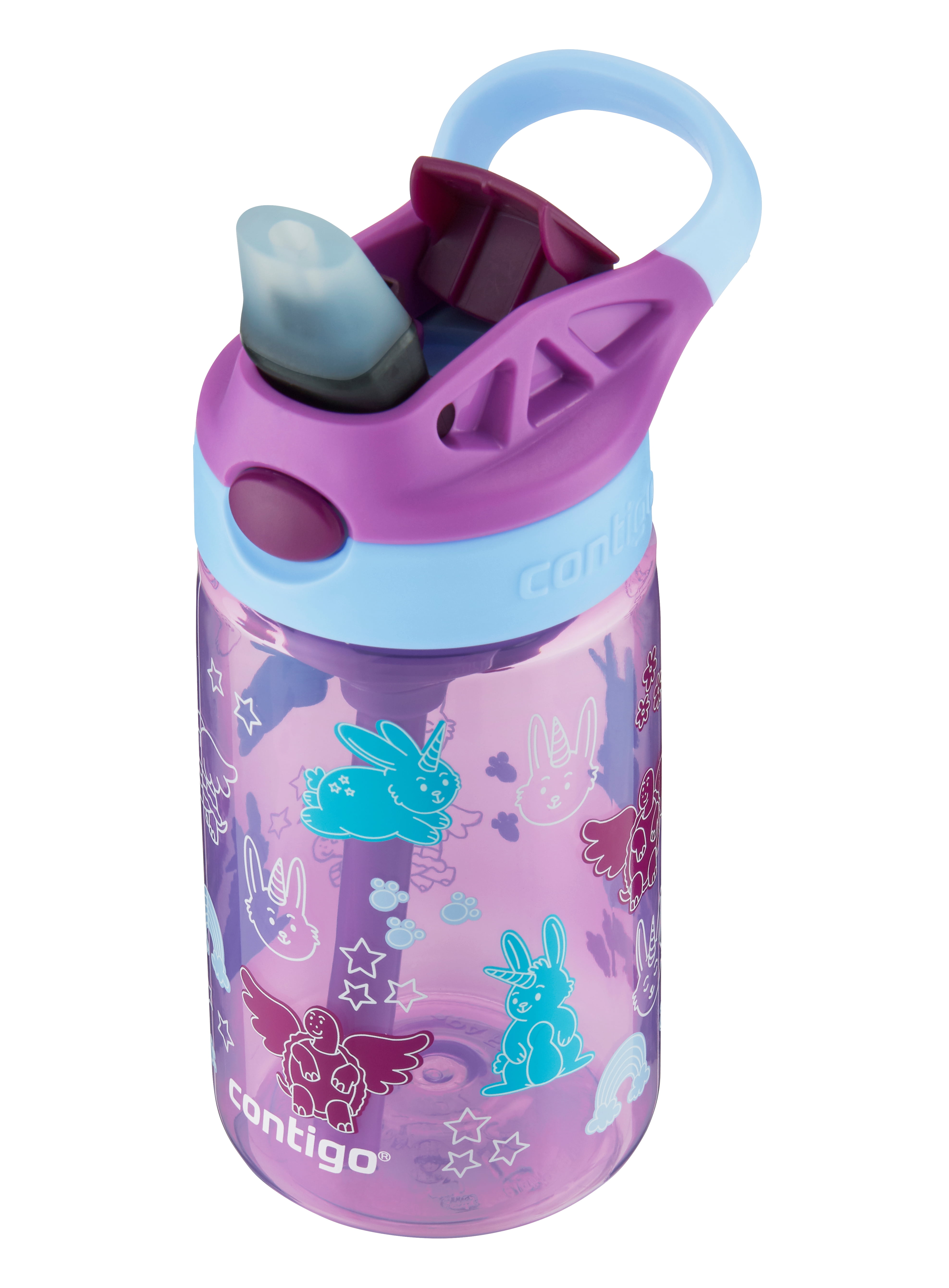 Contigo Kids Plastic Water Bottle with Straw Lid Purple Bunnicorns and Flying Turtles, 14 fl oz.