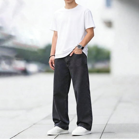 ZHOGXU Kids Boys Denim Pants Elastic Waist Solid Color Straight Leg Fashion Comfortable Stretch Jeans Trousers For Casual Daily Wear,Black,11-12 Years