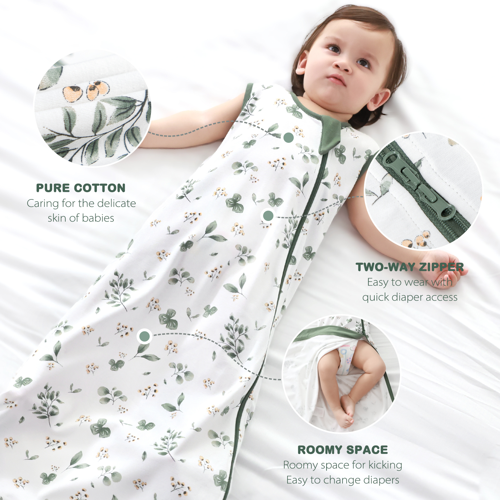 2Pcs Mosebears 0.5 Tog Baby Sleeping Bag - Cotton Summer Sleep Sack for Newborns, Boys & Girls(DarkGreen#Plant,S(0-6 Months))
