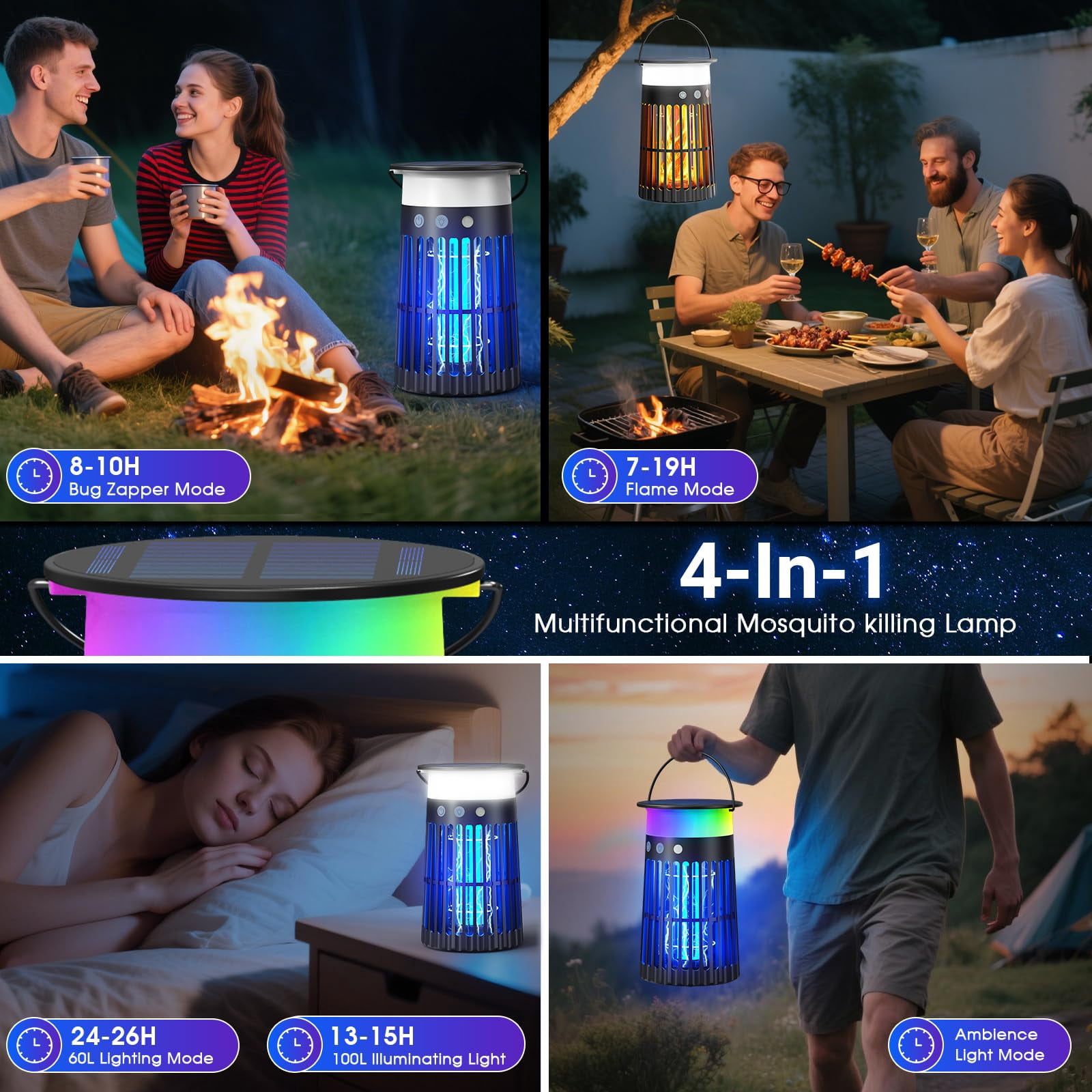 Solar Bug Zapper Outdoor with Flame & RGB Light, Aenkyo Electric Mosquito Killer, 2,100 Sq.ft.Coverage for Patio, Garden & Backyard