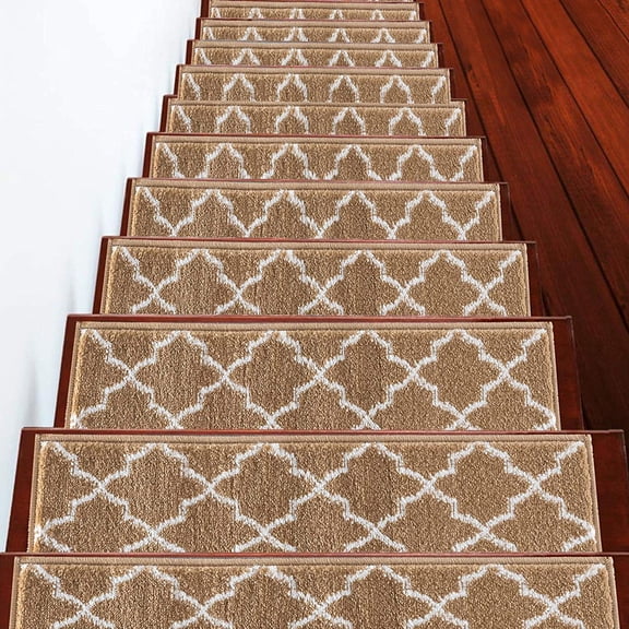 Stair Treads Trellisville Collection Contemporary, Cozy, Vibrant and Soft Stair Treads, 9'' x 28'', Beige & White, Pack of 13 [100% Polypropylene]