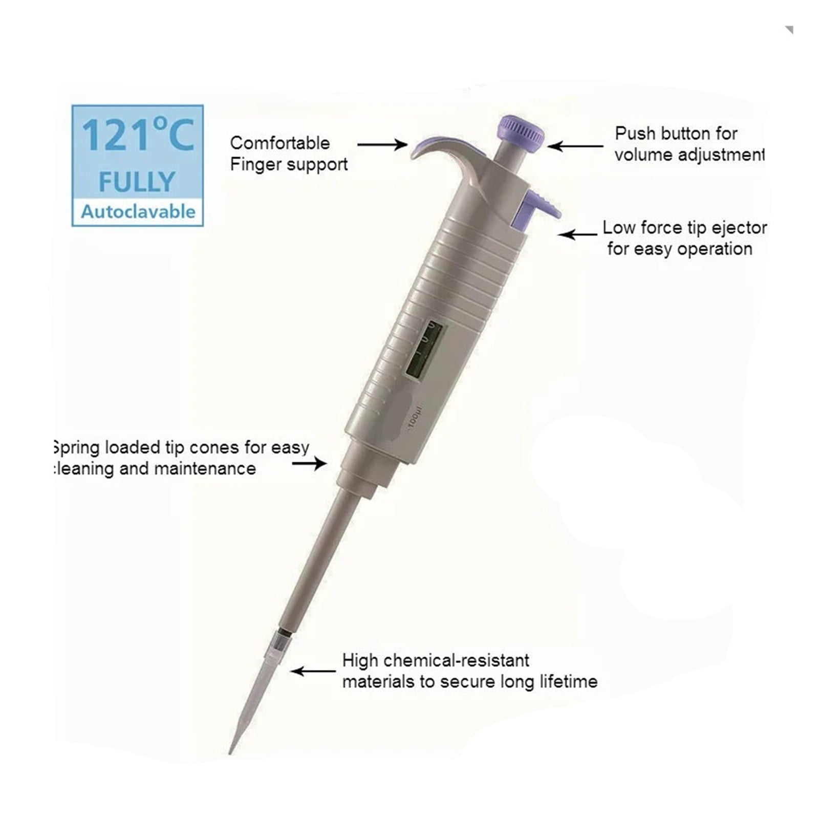 Autoclavable Pipettor Single Channel Fixed Volume Pipette Pipet 121(C) ,Precision & Accuracy
