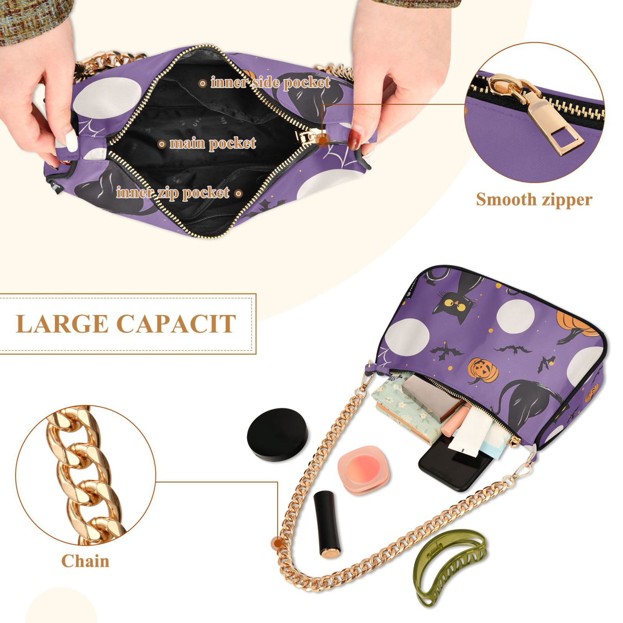 FORMRS Womens Shoulder Bag with Chain Strap Clutch Purse Cute Tote Handbag, Halloween Black Cat