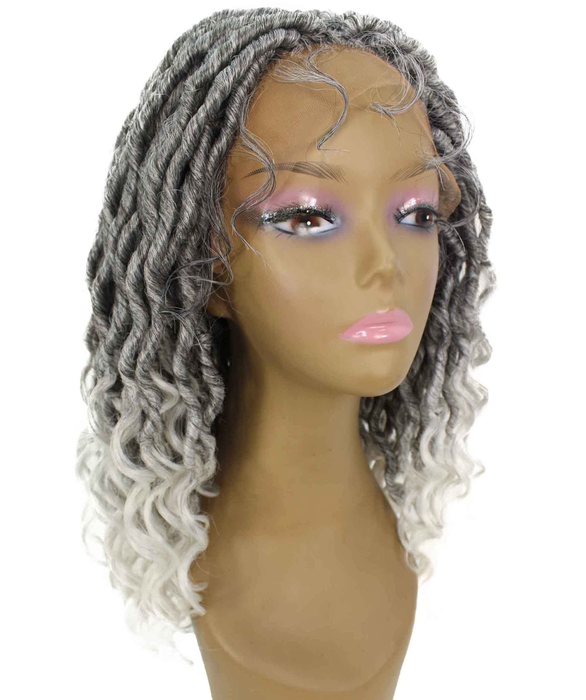 LUXLUXE Andrea Curly Long 4X4 Hand Tied Lace Braid Braided Wig, Beauty Heat Resistant Fiber, Black To White Ombre