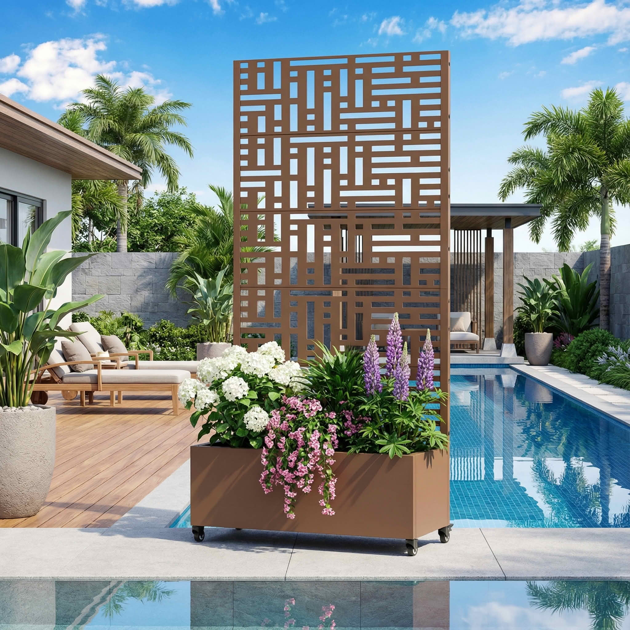 MAYEERTY 72X35" Metal Outdoor Brown Privacy Screen with Planter Box for Backyard & Garden, 5 Piece Set