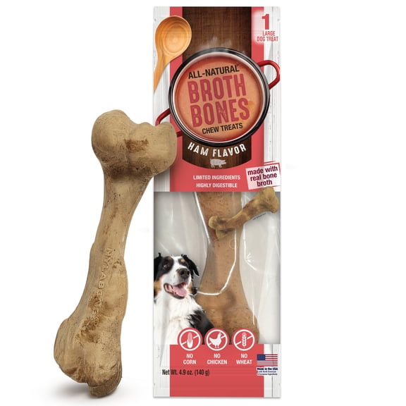 Nylabone Broth Bones Natural Dog Treats for Dogs, Bone Broth Dog Bones, Ham Flavor, For Large Dogs (1 Count)