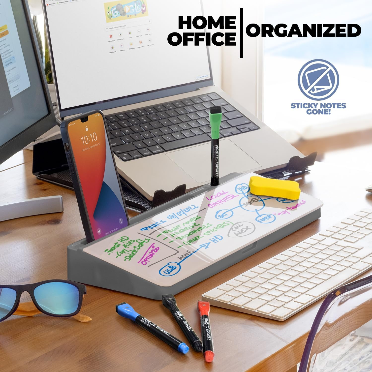 Desktop Whiteboard with Storage Compartment and Phone & Tablet Slot, Grey - Includes 4 Markers, 1 Eraser