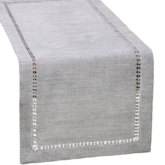 Rectangular Gray Table Runner with Square Embroidered Edges, Simple Modern Polyester, Ideal for Coffee Table and Dining Table, 12.6 x 72 in(32 x 183 cm)
